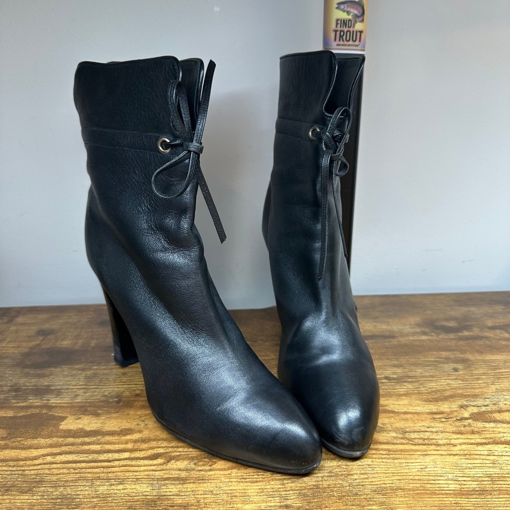 Viktor Rolf Black Leather Ankle Boots Pointed Toe Block Heel Tie Detail 38.5